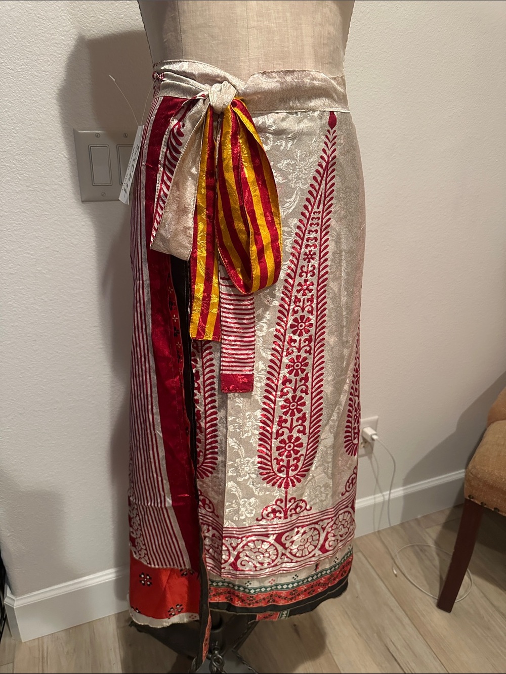NWT Boho Wrap Skirt with Red and Cream Print